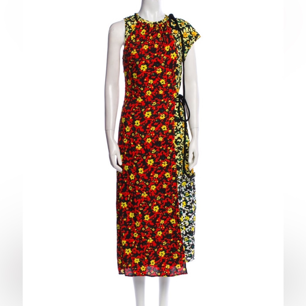 Proenza Schouler Red and Yellow Floral Asymmetrical Midi Dress